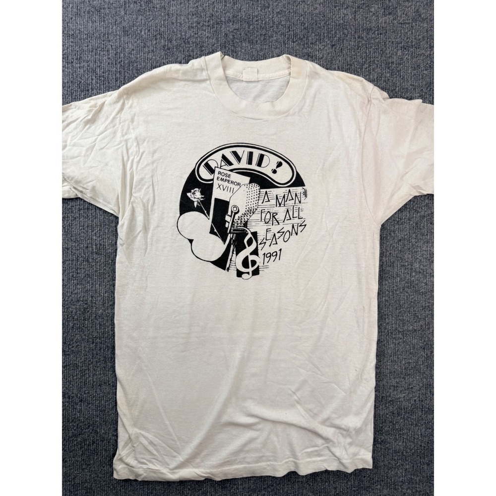 Vintage 1991 David A Man For All Seasons T-Shirt White Graphic Tee M 90s Stains